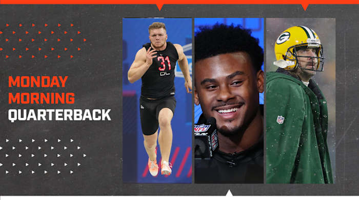 Three-box of Michigan defensive lineman Aidan Hutchinson (DL31) running the 40-yard dash during the 2022 NFL combine, Liberty quarterback Malik Willis during the NFL combine and Green Bay Packers quarterback Aaron Rodgers.